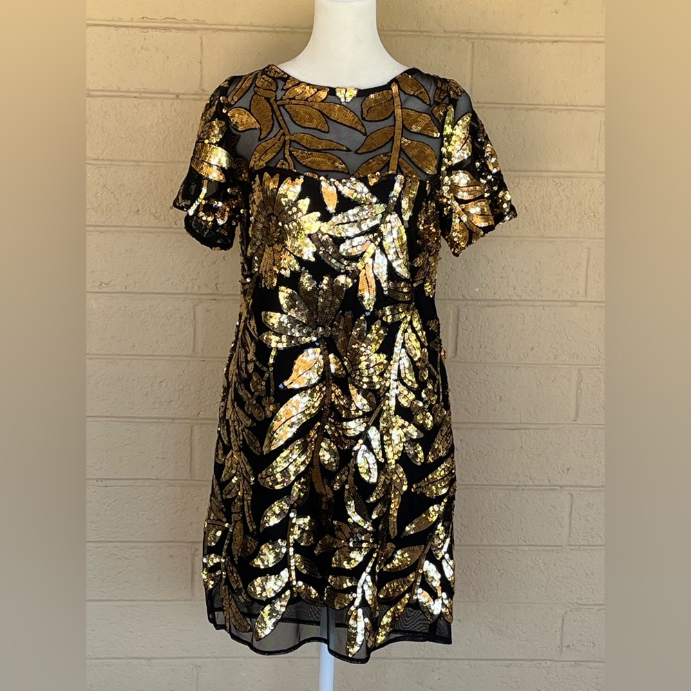 Anthropologie Maeve Sequinned Short-Sleeve Mini Dress. Party. Gold & black. S